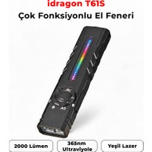 İdragon Idragon T61S Çok Fonksiyonlu Mıknatıslı Uv ve Yeşil Lazerli Edc El Feneri - 2000 Lümen, Rgb Işıklı, Type-C Şarjlı Taktiksel Kamp Feneri