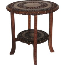 Otantik Çarşı Ahşap Oymalı Pirinç Kakmalı 2 Katlı Sehpa  44X44X47 Cm. KNA599-1