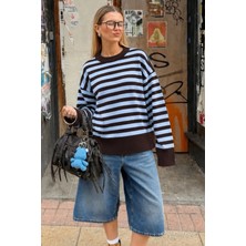 Madmext Kahverengi Çizgili Bisiklet Yaka Oversize Kadın Kazak MG2894
