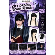 Wednesday Tarzı Çift Örgülü Siyah Peruk Kahküllü 55 cm – Halloween Cadılar Bayramı Kostüm Peruğu