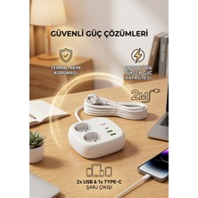 Zeyar Teknoloji Hi-Link 2 Prizli 2 USB ve 1 Type-C Çıkışlı Termal Akım Korumalı Uzatma Kablosu 2 Metre Beyaz 4000W 16A