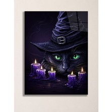 North Whiskers Cadı Kedi ve Mumlar Metal Tablo Halloween Wall Art