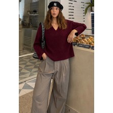 Bordo V Yaka Triko Kadın Kazak MG2501