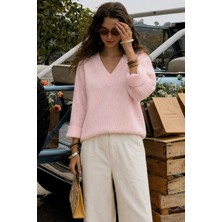 Pembe V Yaka Triko Kadın Kazak MG2501