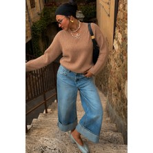 Camel V Yaka Triko Kadın Kazak MG2501