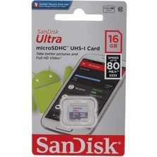 Sandisk Micro SD Ultra Hafıza Kartı 16 GB Yüksek Hızlı UHS-I 80 MB/s Veri Aktarımı