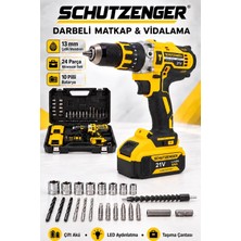 SCHUTZENGER 21V 4AH Çift Akülü Darbeli Matkap Vidalama, 13 mm Çelik Mandren, 10 Pilli Batarya, 24 Parça Aksesuar Seti ve Çanta Sarı