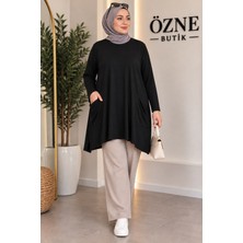 Özne Butik Büyük Beden Cep Detaylı A Kesim Pamuklu Likralı Penye Tunik