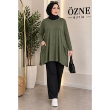 Özne Butik Büyük Beden Cep Detaylı A Kesim Pamuklu Likralı Penye Tunik