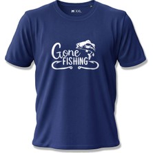 North Whiskers "Gone Fishing" Balık Baskılı %100 Pamuklu Lacivert Outdoor Tişört
