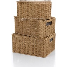 Kadıoğlu Ticaret Rattan 3'lü Kapaklı Sandık Seti Hasır Saklama Kutusu Büyük Orta Küçük Boy Dekoratif Organizer Sepet