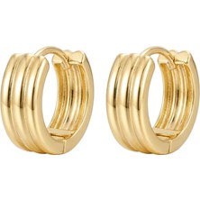 Zeino Çizgili Çelik Halka Küpe - 14K Altın Kaplama - 16 mm Çap