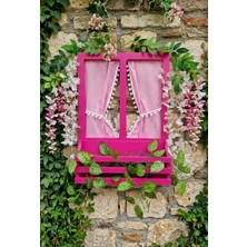 Nsn Ahşap Dünyası Balkon Dekoru İçin Pembe Ahşap Pencere,50×70 cm Perdeli Dekor,el Yapımı Hediye