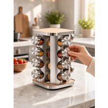 Evstyle 16LI Paslanmaz Çelik Ahşap Kapaklı Metal Döner Stantlı Cam Baharatlık Seti 16'li