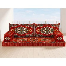 Feyza Decor Home Kırmızı Kilim Desenli Şark Köşesi - Modern Yer Sofrası Minderi - Bahçe ve Balkon Sedir Takımı