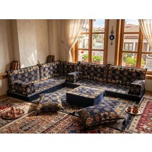 Feyza Decor Home Lacivert Etnik Desenli Yer Minderi - Modern L Şark Köşesi - Fermuarlı Yıkanabilir Komple Şark Köşesi Seti