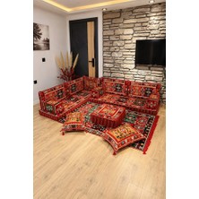 Feyza Decor Home Otantik Milas Desen Şark Köşesi – 13 Parça Süngerli Sedir, Kilim ve Puf Takımı