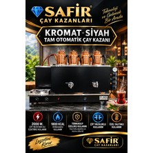 Safir Çay Kazanları Safir 4 Demlikli Kromat Siyah Tam Otomatik Çay Kazanı Elektrikli ve Doğalgazlı Ce Belgeli Gazmer Açılış Onaylı Gaz Emniyet Sistemli Ventilli Çay Semaveri
