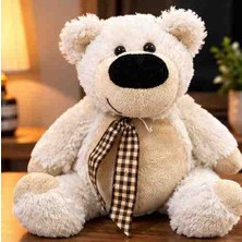 Toys Ekose Fiyonklu Beyaz Peluş Ayıcık – Yumuşak Sevimli Teddy Bear 30 cm