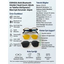 Esrada Akıllı Bluetooth Gözlük | Sesli Çeviri, Müzik ve Telefon Görüşmesi | Mavi Işık Korumalı- Klıpslı ES221 C02 51