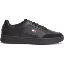 Tommy Hilfiger Erkek Hakiki Deri Kontrast Dokulu Delikli Yüzey Logolu Siyah Sneaker EM0EM01792-BDS
