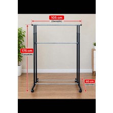 Can Vista Home Modern Ayarlanabilir Çift Katlı Çelik Tekerlekli Elbise Askılığı 175 cm En 105 cm Demonte