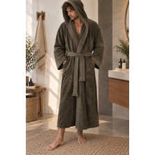 Marlith Home Haki Kapüşonlu %100 Pamuk Unisex Rahat Kesim Kadın Erkek Banyo Bornozu / Sabahlık