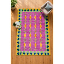 Rug Season Renkli Geometrik Motifli Dokuma Taban Yıkanabilir Dekoratif Halı – Pembe Turuncu Yeşil Modern Tasarım