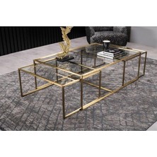 SCY Abiete 3'lü Cam Orta Masa Metal Ayaklı Dekoratif Orta Sehpa Gold Metal Montajsız Cam Table