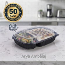 Eltron 2 Bölmeli Mikrodalga Uyumlu Sızdırmaz Yemek Kabı - 50 Adetli, Siyah Taban Şeffaf Kapak
