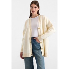 Olcay V Yaka Soft Kumaş Hırka Krem 8295