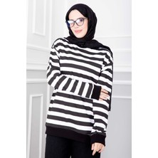 Ebru Tesettür Yatay Çizgili Tunik Siyah