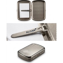 Alcan Premium Desenli Metal Tütün ve Sigara Tabakası - Yaylı Klipsli Gümüş Renk Kutu
