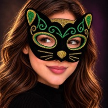 Str Store Siyah Kadife Kaplama Üzeri Sarı Yeşil Sim Işlemeli Kedi Maskesi 20X13 cm