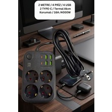 Zeyar Teknoloji Hi-Link 4 Prizli 4 USB ve 2 Type-C Çıkışlı Termal Akım Korumalı Uzatma Kablosu 2 Metre Siyah 4000W 16A