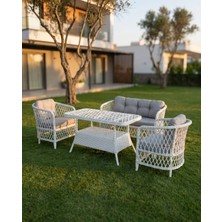 Tu Tienda TİRE ALÜMİNYUM 2 1 1 MASA RATTAN BAHÇE BALKON MOBİLYASI,BEYAZ RATTAN/GRİ KUMAŞ