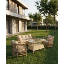 Tu Tienda TİRE ALÜMİNYUM 2 1 1 MASA RATTAN BAHÇE BALKON MOBİLYASI,BAMBU RATTAN / BEJ KUMAŞ
