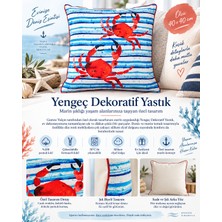 Es Dekor Gamze Yalçın Tasarım Yengeç Dekoratif Yastık 40X40 cm – %100 Pamuk Kılıf, Silikon Elyaf Dolgulu Marin Desenli BGD321970401