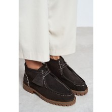 Nişantaşı Shoes Nila Bitter Kahve Süet Deri Bağcık Detay Tırtıklı Kalın Taban Kadın Bot