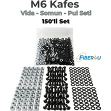 FIBER4U M6 Kafes Somun Seti - 150 Adet - Metalik Somun, Siyah Vida ve Pul