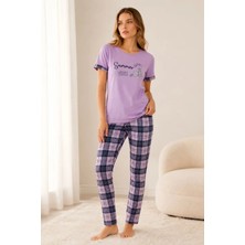 Trend Metkar Pamuklu Penye Summer Baskılı Kısa Kollu Pijama Takımı Bisiklet Yaka Ekose Desenli - Lila