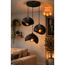 OZNIVA Beton Görünümlü Siyah 3'lü Sarkıt Avize Bohem Modern Salon Yemek Masası 3 Rustik LED Ampul Hediyeli