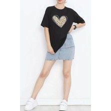 Freedom Storee 14 Şubat Sevgililer Günü Leopar Kalp Baskılı Oversize Bisiklet Yaka T-Shirt - Siyah