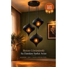 OZNIVA Beton Görünümlü Siyah 3'lü Su Damlası Sarkıt Avize Modern Bohem Salon Yemek Masası 3 Rustik LED Ampul Hediyeli