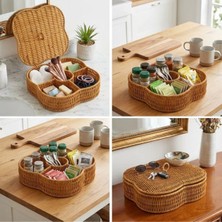 Neva Prime Kapaklı 5 Bölmeli Plastik Rattan Organizer Kutu – Hasır Desenli Çok Amaçlı Saklama ve Sunum