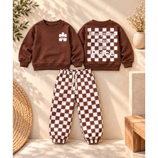 KR Kids Erkek Çocuk Kahverengi Sweatshirt ve Kareli Eşofman Altı 2’li Takım
