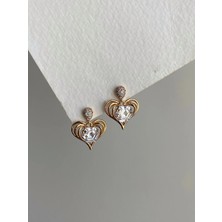 Owentis Çelik Rose Gold Kristal Altıgen Taşlı Kalp Toise Küpe -Kararma Yapmaz- Gold