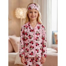 Enie Kız Çocuk Pembe Karakter Desenli 4 Mevsim Pijama Takımı + Göz Bandı