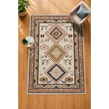**krem Bohem Etnik Kilim – Geometrik Otantik Motifli Vintage Dekoratif Salon Kilimi**