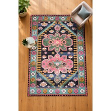 Bohem Çiçek Desenli Vintage Yıkanabilir Kaydırmaz Taban Dekoratif Halı Kilim